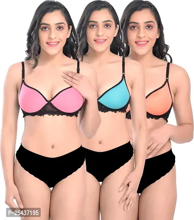 Stylish Cotton Multicoloured Bra And Panty Set For Women Pack Of 3-thumb0