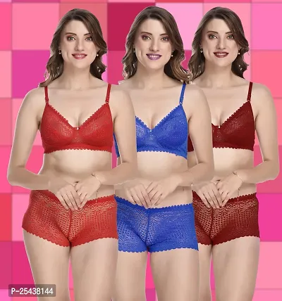 Stylish Cotton Multicoloured Bra And Panty Set For Women Pack Of 3