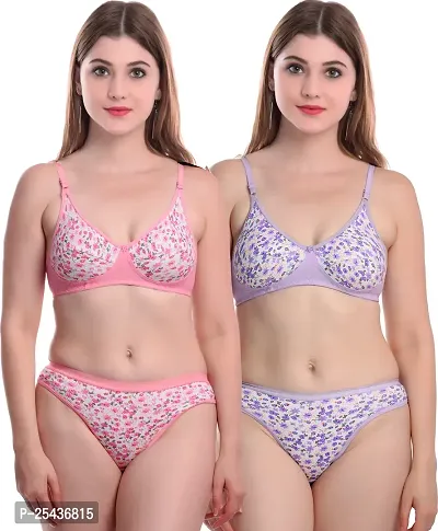 Stylish Cotton Multicoloured Bra And Panty Set For Women Pack Of 2-thumb0