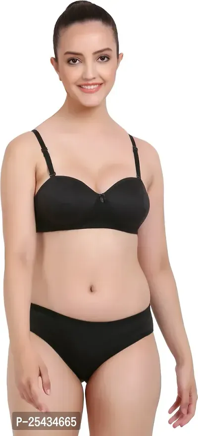 Stylish Cotton Black Bra And Panty Set For Women-thumb0