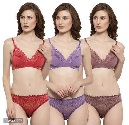 Stylish Net Multicoloured Bra And Panty Set For Women Pack Of 3-thumb0