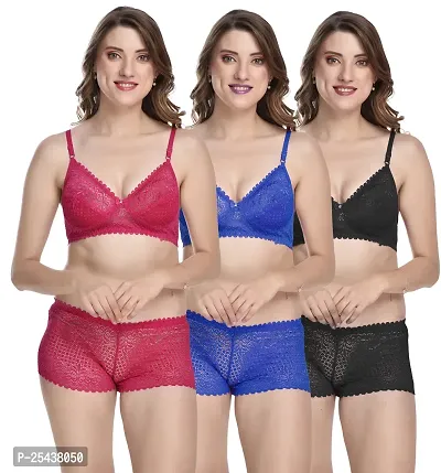 Stylish Net Multicoloured Bra And Panty Set For Women Pack Of 3