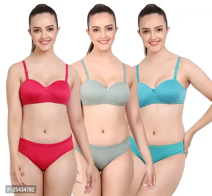 Stylish Cotton Multicoloured Bra And Panty Set For Women Pack Of 3-thumb0