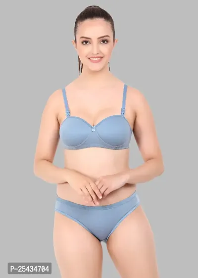 Stylish Cotton Blue Bra And Panty Set For Women-thumb0