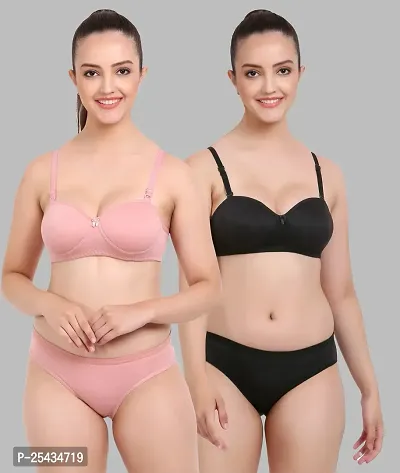 Stylish Cotton Multicoloured Bra And Panty Set For Women Pack Of 2-thumb0