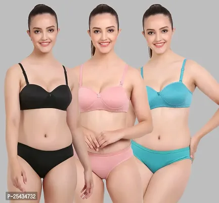 Stylish Cotton Multicoloured Bra And Panty Set For Women Pack Of 3-thumb0