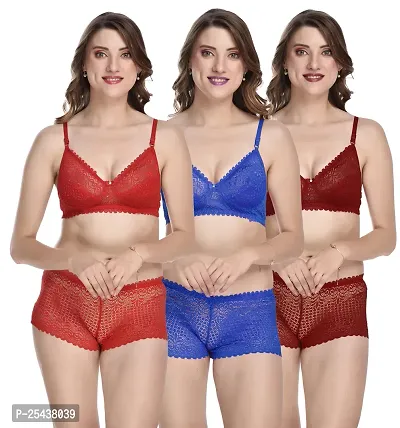 Stylish Net Multicoloured Bra And Panty Set For Women Pack Of 3