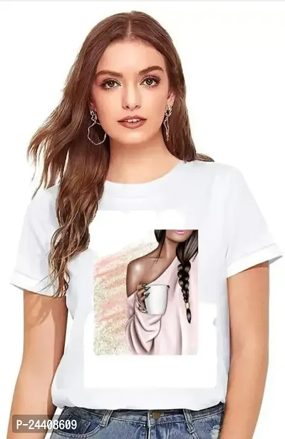 Tanya Fashion Women Printed Round Neck Polyester White T-Shirt-thumb1