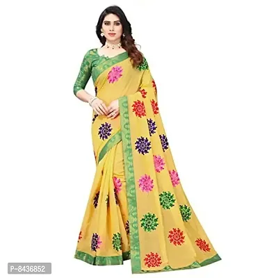 Shreeji Designer Women's Ari Embroidery Work and Chanderi Cotton Saree With Blouse Piece (Yellow  Green)