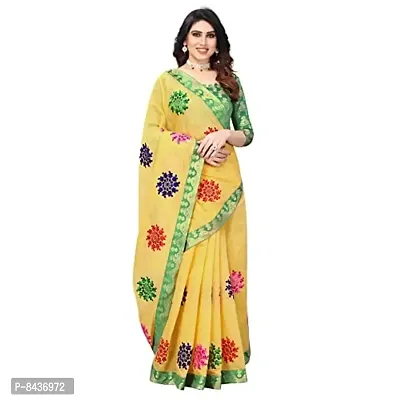 Buy Shailaja Sarees Women's Zari Floral Embroidery Work Linen Cotton Sarees  with Blouse piece (Yellow) at Amazon.in