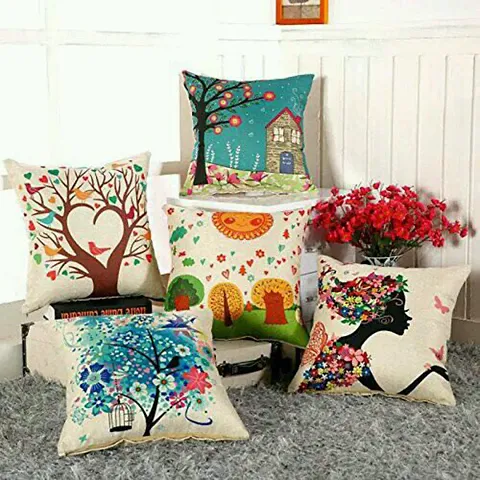 Jute Cotton Printed Cushion Covers- Set of 5