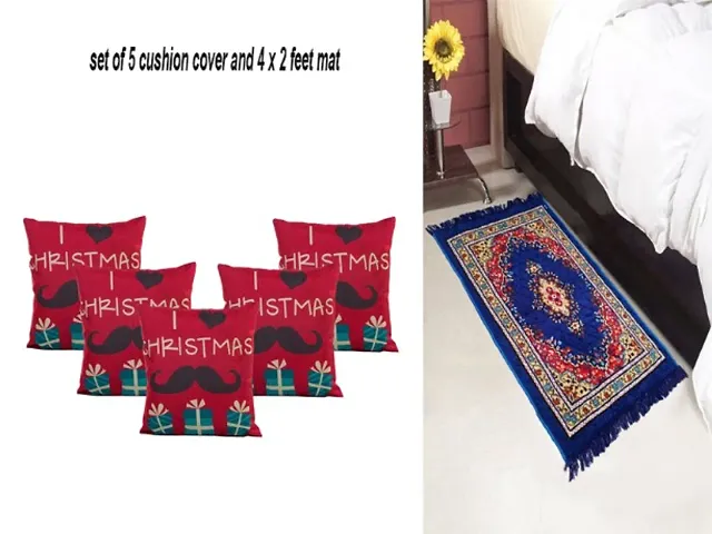 Christmas Printed Cushion Covers Set Of 5  Rug Mat Combo