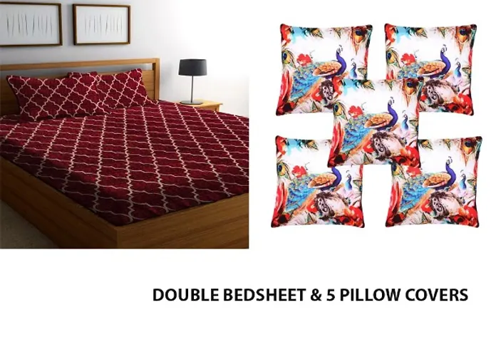 Microfiber Double Bedsheets With 2 Pillow Covers &amp; 5 Cushion Covers