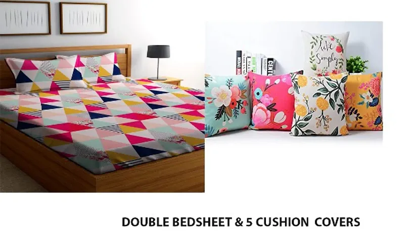 Microfiber Double Bedsheets With 2 Pillow Covers &amp; 5 Cushion Covers