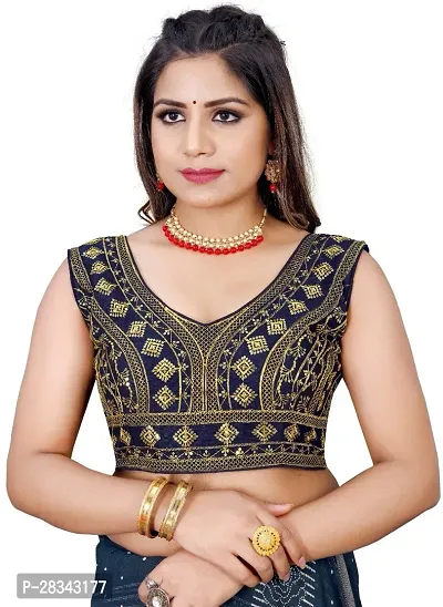 Reliable Navy Blue Silk Blend Embroidered Stitched Blouse For Women-thumb0