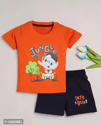 Fabulous Orange Cotton Printed T-Shirts with Shorts For Boys