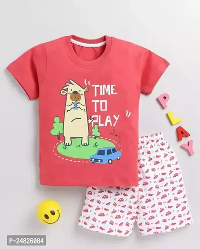 Fabulous Red Cotton Printed T-Shirts with Shorts For Boys