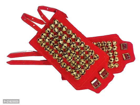 SHIVA METALS Brass Ghungroo 5 Line Ankle Bells Velvet Pad for Classical Bharatanatyam Dance with Adjustable Strap - (Red Velvet 2 CM)-thumb0