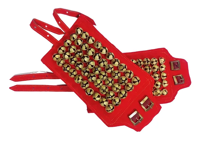 SHIVA METALS Brass Ghungroo 5 Line Ankle Bells Velvet Pad for Classical Bharatanatyam Dance with Adjustable Strap - (Red Velvet 2 CM)