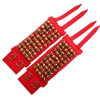 SHIVA METALS Brass Ghungroo 5 Line Ankle Bells Velvet Pad for Classical Bharatanatyam Dance with Adjustable Strap - (Red Velvet 2 CM)-thumb1