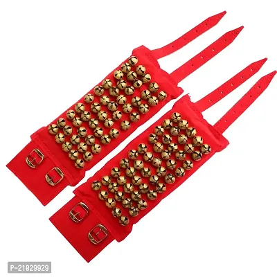 SHIVA METALS Brass Ghungroo 5 Line Ankle Bells Velvet Pad for Classical Bharatanatyam Dance with Adjustable Strap - (Red Velvet 2 CM)-thumb2