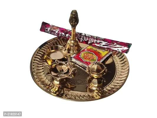 SKSM Brass Pooja Embossed LAXMI Ganesh THALI | PUJA Plate Set with NAGPARI GHANTI Brass Bell Attached Diya Incense Stick Holder and ONE Small Bowl ROLI Powder Agarbatti for Diwali Rakhi (9 INCH)-thumb0