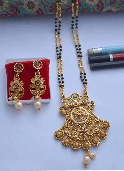 Traditional Wear Alloy Golden Magalsutra With Black Beads