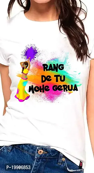 Clickplick Rang De Tu Mohe Gerua Holi T-Shirt for Women's | Rang De Tu Mohe Gerua T-Shirt for Girls | Holi Dryfit Strechable T-Shirt (Click-G-HOLIdryfittshirt-009_P)-thumb0