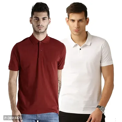 Stylish Multicoloured Cotton Blend Solid Polos T-Shirt For Men Pack Of 2-thumb0