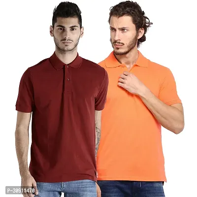 Stylish Multicoloured Cotton Blend Solid Polos T-Shirt For Men Pack Of 2-thumb0