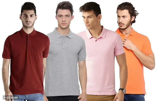 Stylish Multicoloured Cotton Blend Solid T-Shirt For Men Pack Of 4-thumb0