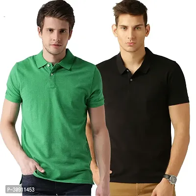 Stylish Multicoloured Cotton Blend Solid Polos T-Shirt For Men Pack Of 2-thumb0