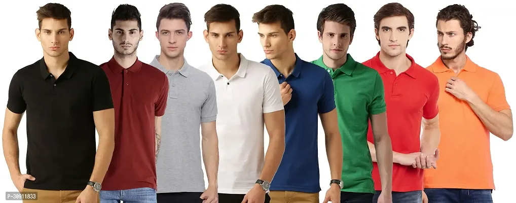 Stylish Multicoloured Cotton Blend Solid Polos T-Shirt For Men Pack Of 8