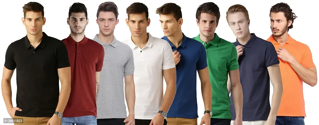 Stylish Multicoloured Cotton Blend Solid Polos T-Shirt For Men Pack Of 8