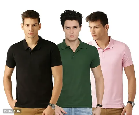 Stylish Multicoloured Cotton Blend Solid Polos T-Shirt For Men Pack Of 3-thumb0