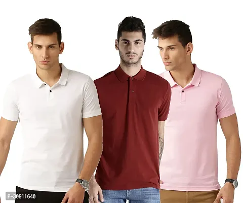 Stylish Multicoloured Cotton Blend Solid Polos T-Shirt For Men Pack Of 3