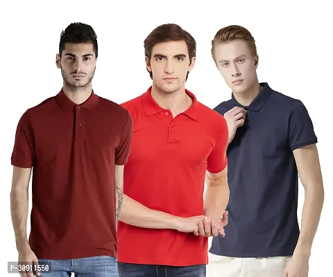 Stylish Multicoloured Cotton Blend Solid Polos T-Shirt For Men Pack Of 3-thumb0