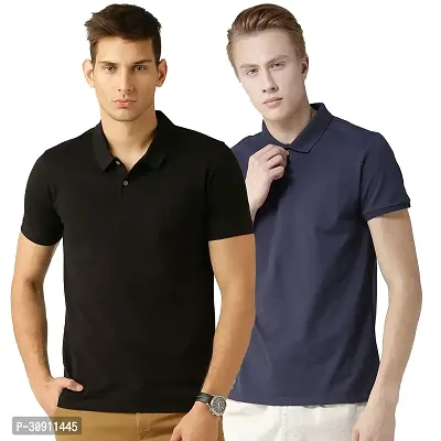 Stylish Multicoloured Cotton Blend Solid Polos T-Shirt For Men Pack Of 2-thumb0