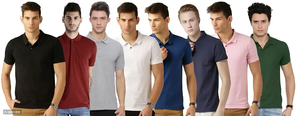 Stylish Multicoloured Cotton Blend Solid Polos T-Shirt For Men Pack Of 8-thumb0