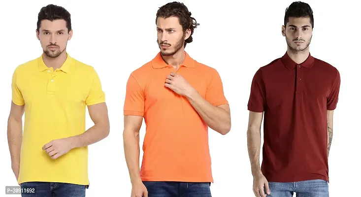 Stylish Multicoloured Cotton Blend Solid Polos T-Shirt For Men Pack Of 3-thumb0