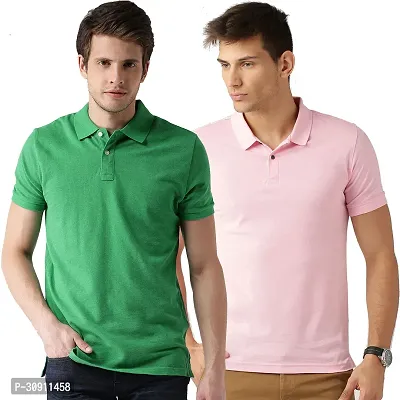 Stylish Multicoloured Cotton Blend Solid Polos T-Shirt For Men Pack Of 2-thumb0