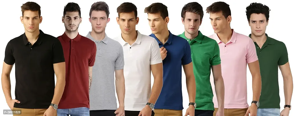 Stylish Multicoloured Cotton Blend Solid Polos T-Shirt For Men Pack Of 8