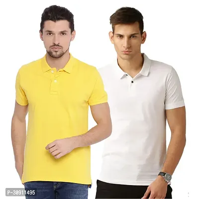 Stylish Multicoloured Cotton Blend Solid Polos T-Shirt For Men Pack Of 2-thumb0