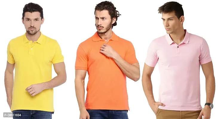 Stylish Multicoloured Cotton Blend Solid Polos T-Shirt For Men Pack Of 3-thumb0