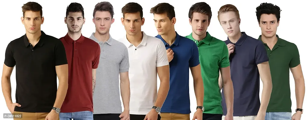 Stylish Multicoloured Cotton Blend Solid Polos T-Shirt For Men Pack Of 8-thumb0