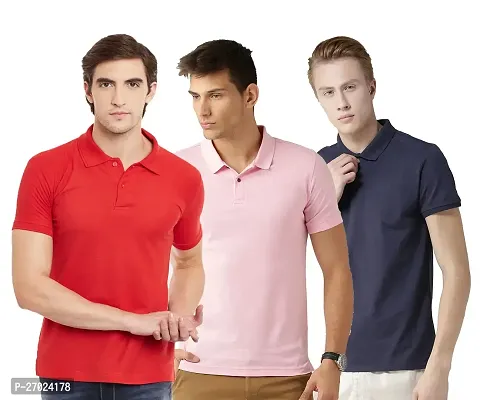 Reliable Multicoloured Cotton Blend Solid Polos For Men Pack Of 3