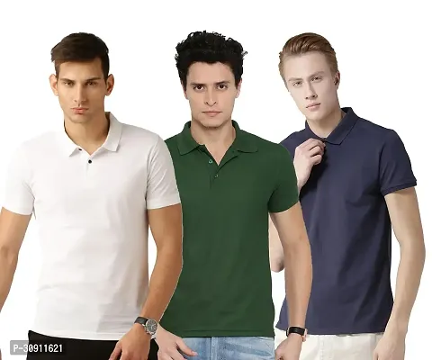 Stylish Multicoloured Cotton Blend Solid Polos T-Shirt For Men Pack Of 3-thumb0