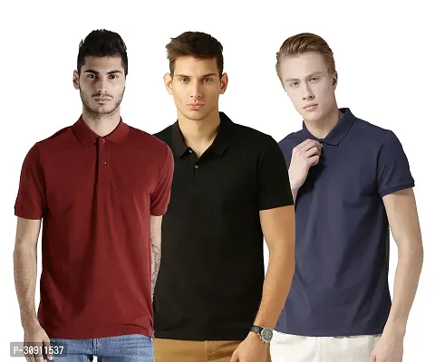 Stylish Multicoloured Cotton Blend Solid Polos T-Shirt For Men Pack Of 3-thumb0