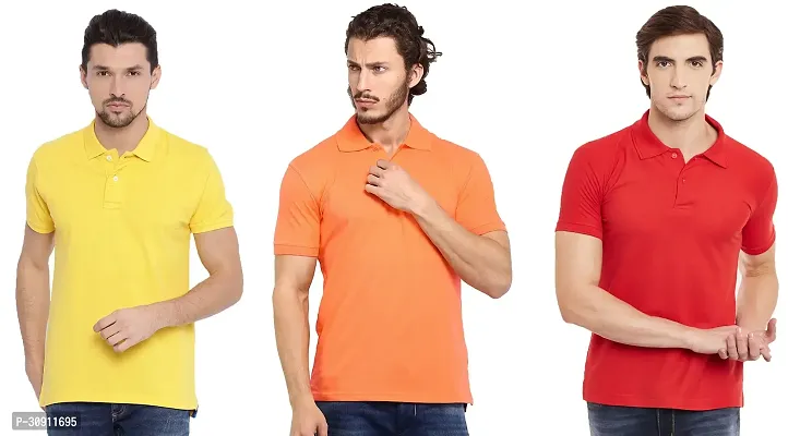 Stylish Multicoloured Cotton Blend Solid Polos T-Shirt For Men Pack Of 3-thumb0