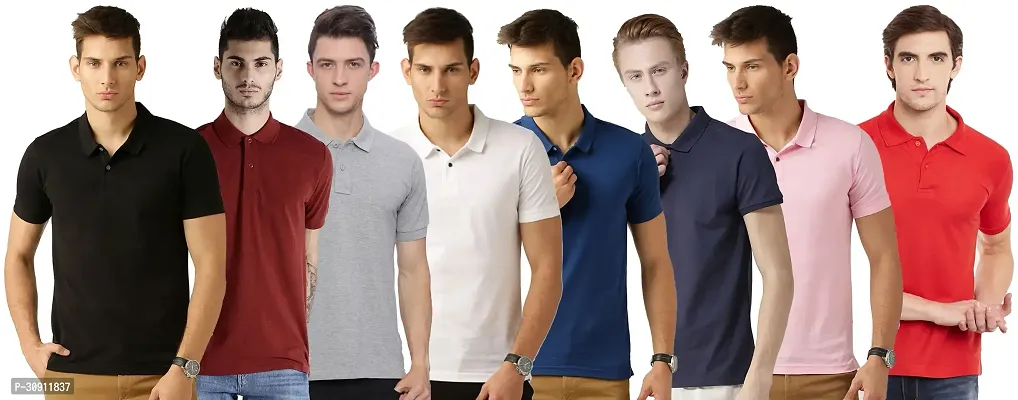 Stylish Multicoloured Cotton Blend Solid Polos T-Shirt For Men Pack Of 8-thumb0